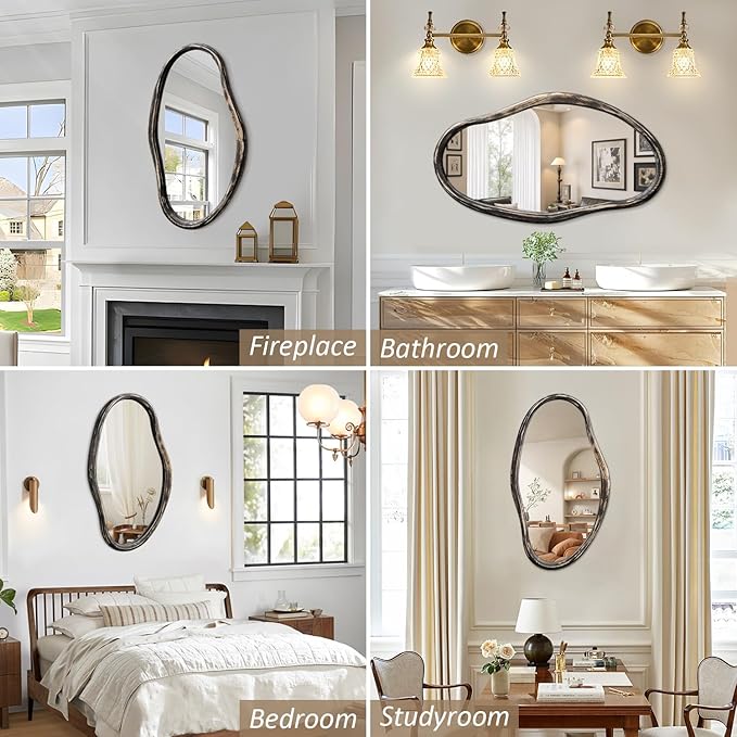 JJUUYOU Asymmetrical Wall Mirror Irregular Mirrors for Wall Modern Wood Frame Unique Vanity Mirror Shaped Dressing Mirrors Decor for Living Room Bathroom Bedroom Entryway Large 30"x18"
