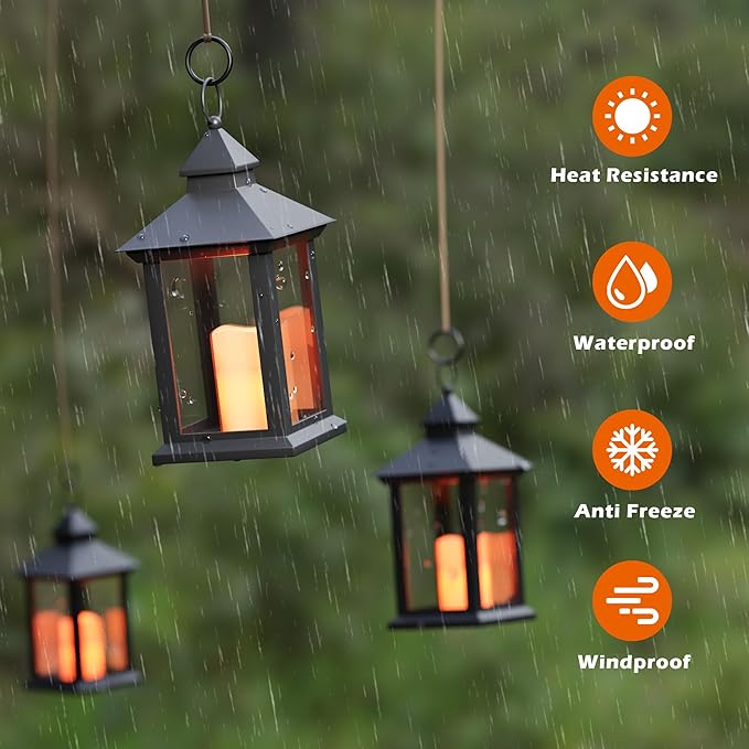 14" Lanterns Decorative Indoor, Black Lantern Decor with Timer Flameless Candle, Vintage Farmhouse Outdoor Lanterns, Waterproof Hanging Lantern for Patio, Porch, Entryway, Centerpieces