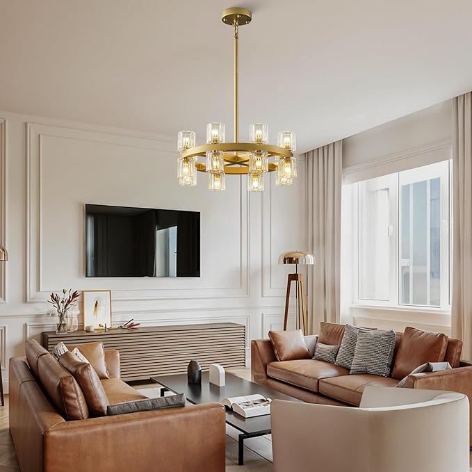 Gold Chandelier Light Fixture Kitchen and Dining, 16-Lights Modern Chandeliers for Dining Room, 18" Farmhouse Kitchen Pendant Lights Over Table, Crystal Wagon Wheel Chandelier(Bulbs Included)