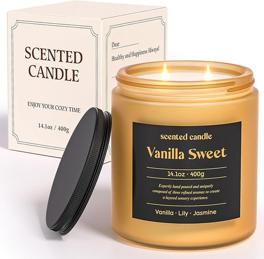 Vanilla Candle, 14.1 oz Scented Candles for Home, 2 Wicks Blended Scents Candles for Women and Men, Birthday Gifts for Women (Vanilla+Lily+Jasmine)