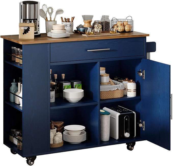 4 EVER WINNER Kitchen Island with Storage, Kitchen cart with Spice Rack & Towel Rack, Cabinet & Drawer, Small Kitchen Island with Open Shelves, Blue