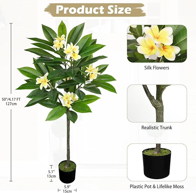 Briful Artificial Plants Indoor 4.17ft Fake Tropical Plumeria Flowers Tree in Black Pot Hawaiian Yellow Plumeria Faux Frangipani Tree Potted Floor Plant for Home Office Wedding Decor