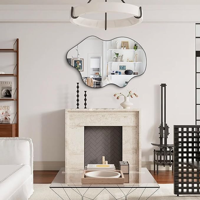 Irregular Mirror, Asymmetrical Wall Mirrors, 31.5"x23.6" Waved Shaped Mirror, Modern Frameless Decorative Mirrors for Living Room Bathroom Bedroom Hallway Entryway Fireplace