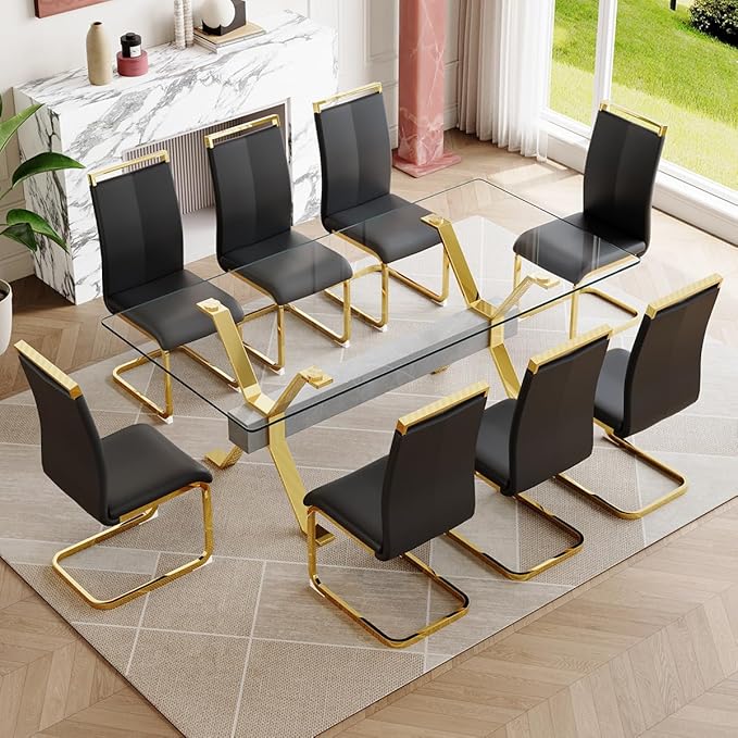 9 Piece Glass Dining Table Set, Kitchen Table Chairs Set for 8, 71'' Dining Table with 0.4" Tempered Glass Tabletop with Plated Metal Legs and MDF Crossbar, 8 PU Chairs for Dining Room, Kitchen.