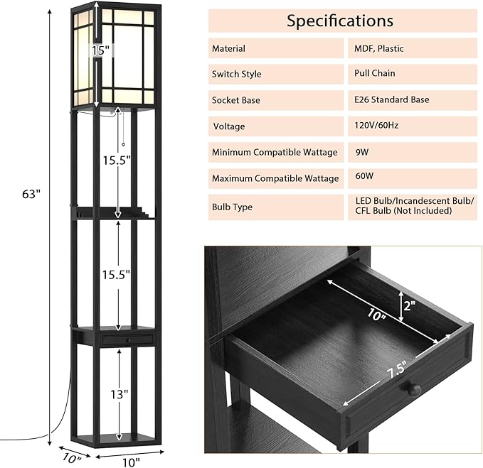 Tangkula Floor Lamp with Shelves and Drawer, 1 Power Outlet & 2 USB Ports, Modern Shelf Standing Light for Living Room Bedroom, Black (Glossy)