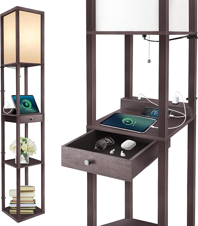 OUTON Deluxe Shelf Floor Lamp with 1 Drawer, 2 USB-C Ports, 2 AC Outlets, LED Modern Floor Lamp with 3 Color Temperature, Storage Display Wood Standing Lamp for Living Room, Bedroom, Office (Walnut)