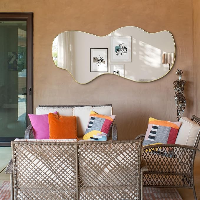 POZINO Large Irregular Mirror, Asymmetrical Full Length Mirror, 55"x25.5" Gold Wavy Shaped Mirrors, Modern Frameless Decorative Mirrors for Dressing Living Room Bathroom Bedroom Hallway Entryway