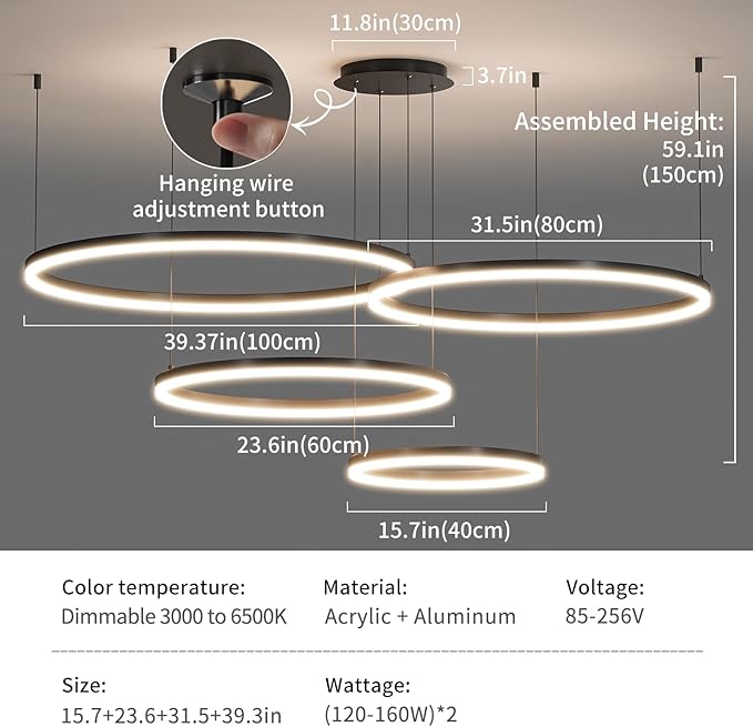 Modern LED Chandelier Light, 4 Ring Black Pendant Lighting Fixture, Adjustable Hanging Ceiling Lamp for Dining Room, Kitchen Island, Entryway, Living Room, Dimmable Dining Light Over Table