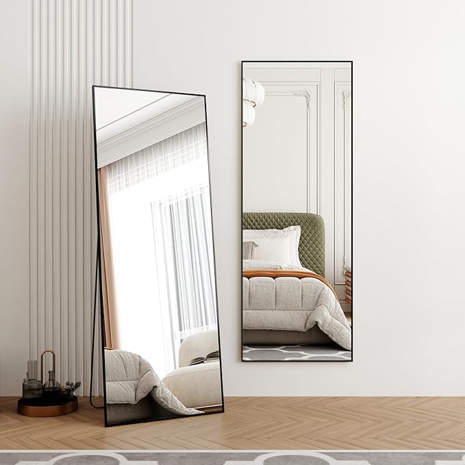65"x24"Full Length Mirror with Stand,Black Full Body Mirrorr,Shatterproof Tempered Glass&Aluminum Alloy Frame,Freestanding Large Mirror for Bedroom,Living Room,Dressing Room