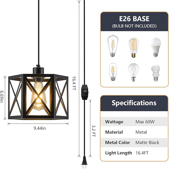 2 Pack Plug in Pendant Light, Farmhouse Black Hanging Lights with Plug in Cord, 16.4FT Hexagonal Metal Plug in Hanging Lamp Kit, Dimmable Ceiling Light Fixture for Kitchen Island Hallway