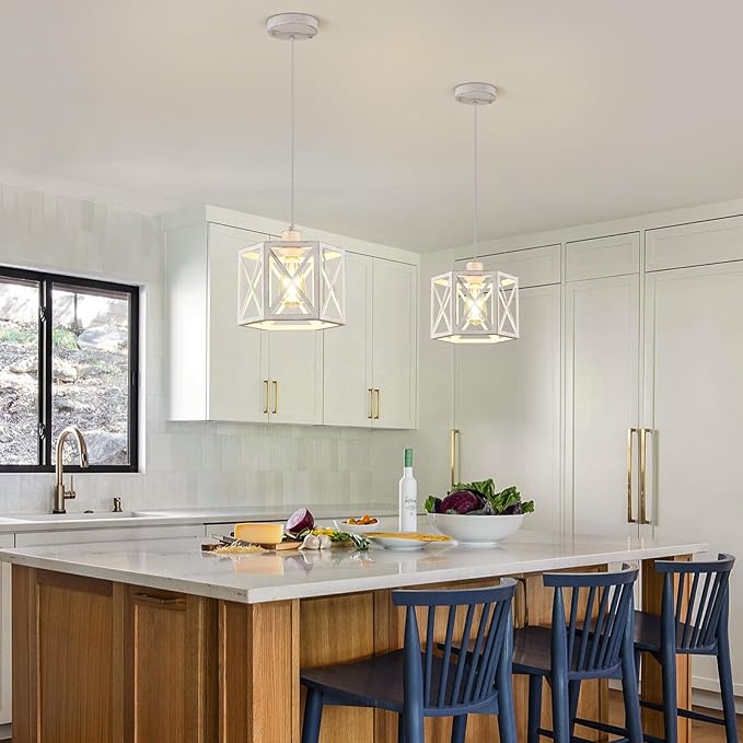 2 Pack Pendant Lights for Kitchen Island, Modern Pendant Lighting with White Hexagonal Cage, Vintage Metal Ceiling Lights, Adjustable Lantern Hanging Light Fixture for Foyer Entryway Bedroom