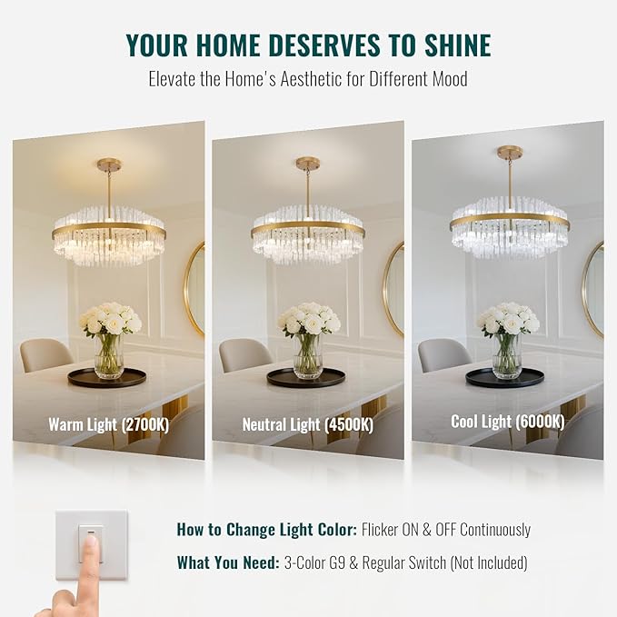 Siljoy 31.5 Inch Gold Round Chandelier, Modern Gold Crystal Chandelier with Raindrop Wave Glass Rods, Luxury 3-Way Dimmable LED Pendant Light Fixture for Living Dining Room Kitchen Island, G9 x 16