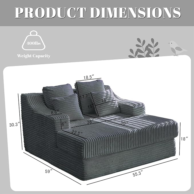 Chaise Lounge Sofa Chair Indoor Cozy Sofa Bed Oversized with Four Pillow Fluffy Upholstered Sleeper Sofa Chair for Living Room Bedroom Office Liesure No Assembly Required（Grey）
