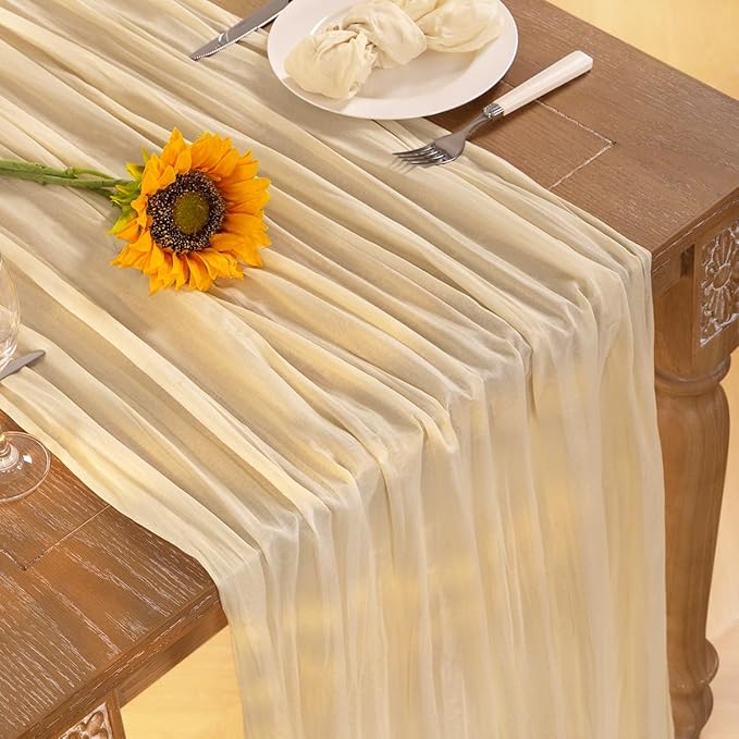 Beige Cheesecloth Table Runner Fall Table Runner 120 Inches Boho Gauze Cream Cheese Cloth Fall Table Decorations for Thanksgiving Wedding Bridal Baby Shower Garden Party Decor