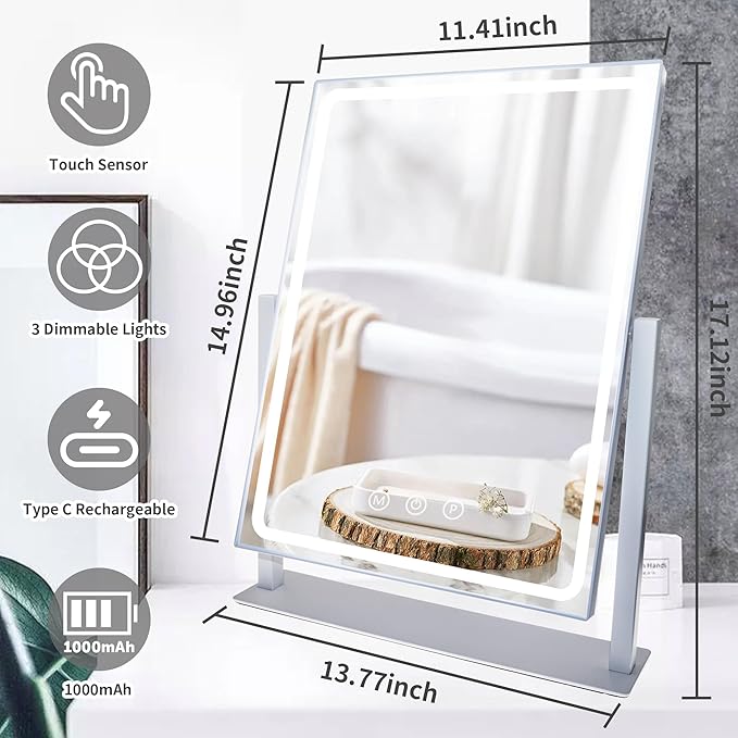 Hollywood Vanity Mirror with Lights, Lighted Makeup Mirror with Detachable 10X Magnification Mirror, 3 Colors, 360°Rotation Rechargeable Desk Makeup Mirror with Lights White