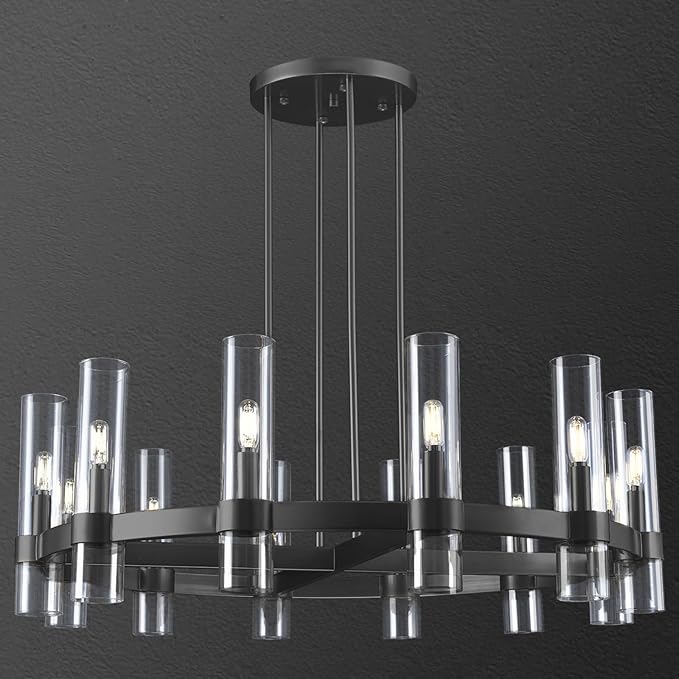 12 Light Black Round Chandelier 36'' Wagon Wheel Chandeliers for Dining Room Light Fixture Clear Glass Tube Chandelier Modern Farmhouse Chandeliers for Living Room Bedroom, Bulb Included