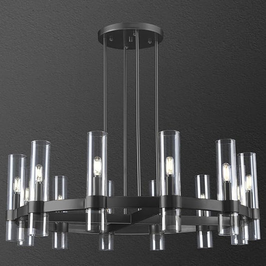 12 Light Black Round Chandelier 36'' Wagon Wheel Chandeliers for Dining Room Light Fixture Clear Glass Tube Chandelier Modern Farmhouse Chandeliers for Living Room Bedroom, Bulb Included