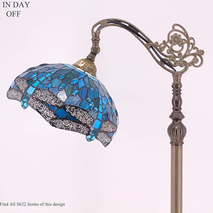 WERFACTORY Tiffany Floor Lamp Sea Blue Stained Glass Dragonfly Arched Lamp 12X18X64 Inches Gooseneck Adjustable Corner Standing Reading Light Decor Bedroom Living Room S622 Series