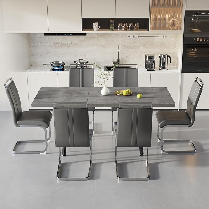 7 Piece Dining Table Set for 6-8,55-71" Extendable Dining Table Set with 6 Upholstered Chairs,Rectangle Kitchen Table Set for Small Space,Dining Room and Office,Grey
