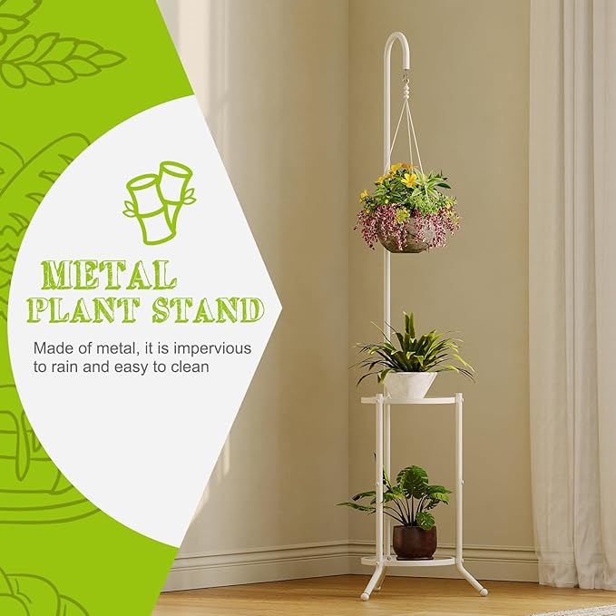 Plant Stand with Hooks Indoor Outdoor Corner Tall Plant Stand Heavy-Duty Metal 3-Tier Plant Shelf Holder Rack for Patio Garden Balcony Living Room Bedroom(semicircular White)