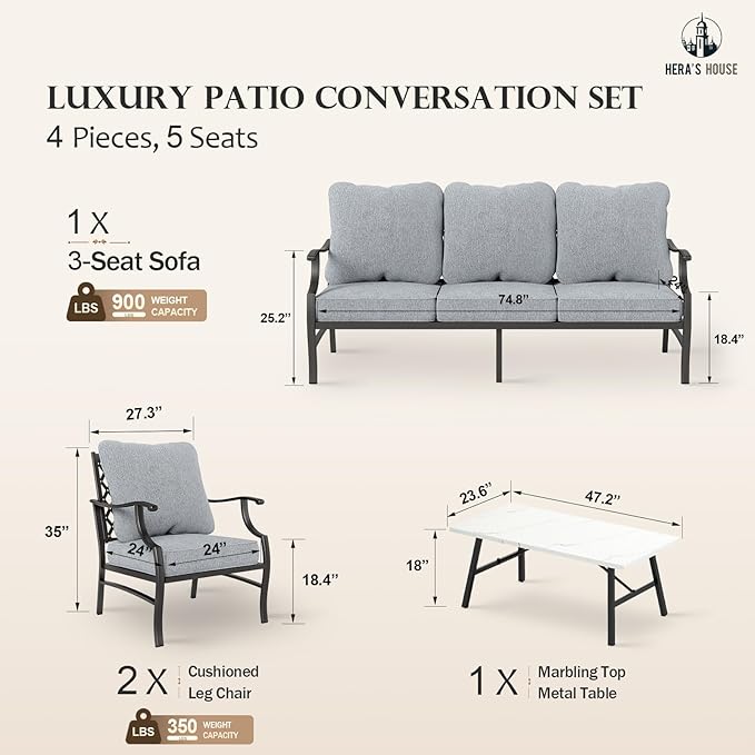 HERA'S HOUSE 4 Piece Patio Furniture Set, 2 x Metal Frame Cushioned Chair, 3-Seat Sofa with Marbling Coffee Table, All Weahter Outdoor Conversation Set for Lawn Garden Backyard, Grey