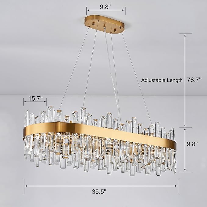Rectangle Crystal Chandeliers, L35.4 inch 16-Light Brass Gold Chandelier Lighting Fixture, Height Adjustable Rectangular Oval Light for Dining Room Kitchen Island