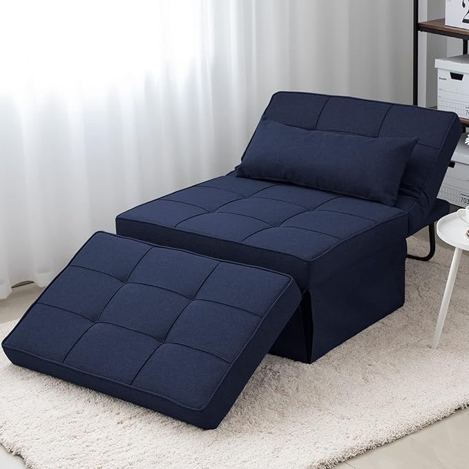 BIGSYY Sofa Bed, 4 in 1 Multi-Function Folding Ottoman Breathable Linen Couch Bed with Adjustable Backrest Modern Convertible Chair for Living Room Apartment Office, Blue