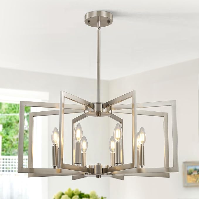 8-Light Large Brushed Nickel Chandeliers for Dining Room，Modern Industrial Pendant Lights Kitchen Island，Farmhouse Entryway Light Fixtures，Metal Geometric Chandelier for Living Room