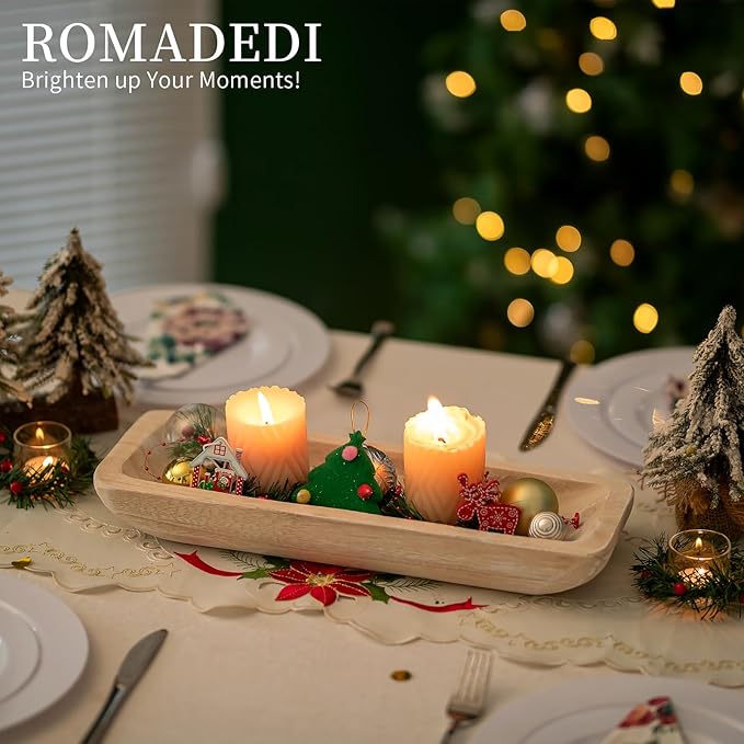 Romadedi Decorative Bowls for Home Decor - 16" Wooden Dough Bowl for Decor, Large Wood Bowl for Kitchen Table Centerpieces Long Narrow Wooden Tray for Dining Table Whitewashed