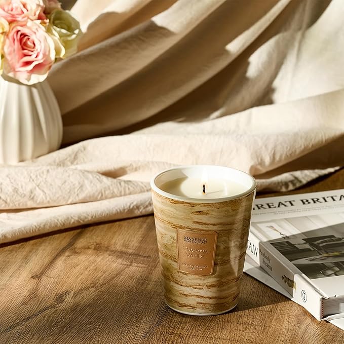 M&SENSE TobaccoVanilla Scented Candles for Home, Lead-Free Wick Highly Scented Jar Candles, 14.1 Oz 80 Hours Lasting Burning Candles Gifts for Women, Relaxing Aromatherapy Candle for Stress Relief