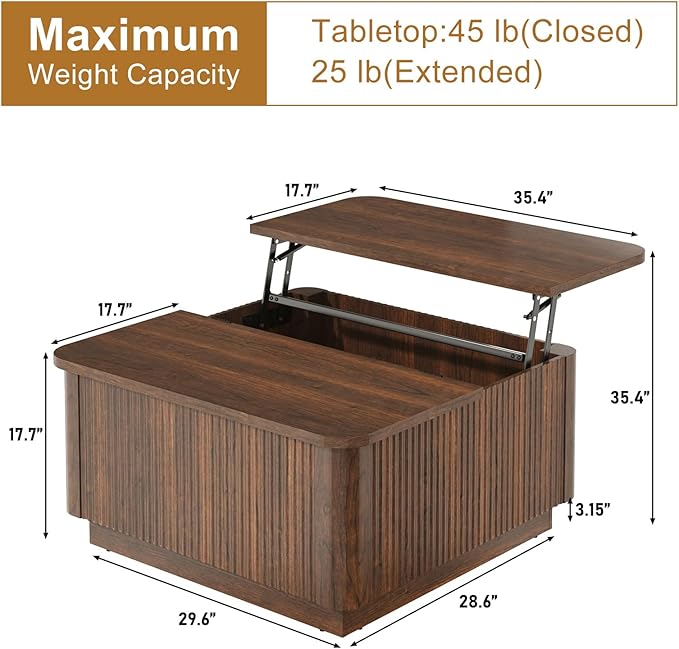Lift Top Coffee Table with Storage,Wood Square Coffee Tables W/6000-Colors Lighting,Multi-Function Groove Texture Center Table W/Large Hidden Space for Living Room,Bedroom,Home,Office(Walnut)