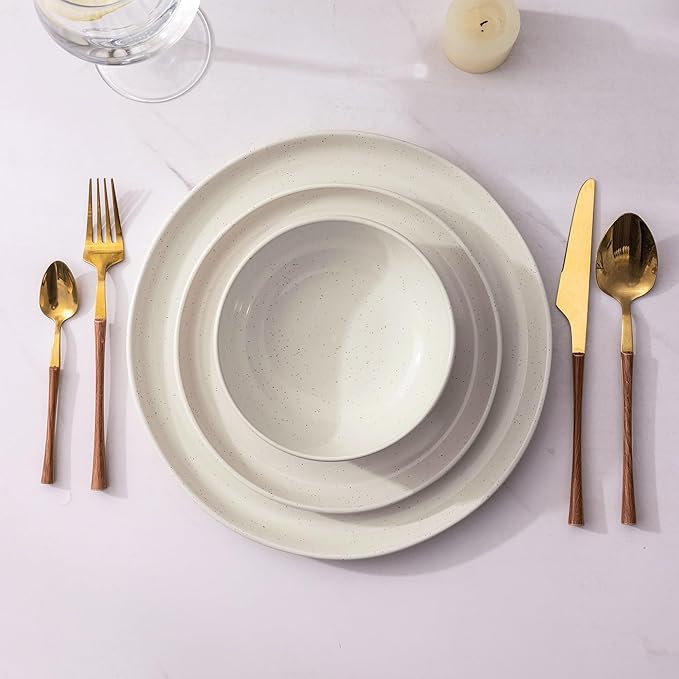 AmorArc 24 Pieces Ceramic Dinnerware Sets for 6, Handpainted Plates and Bowls Set with Rustic Terracotta Underside, Scratch Resistant Stoneware Dishes Set, Dishwasher & Microwave Safe, Light Beige