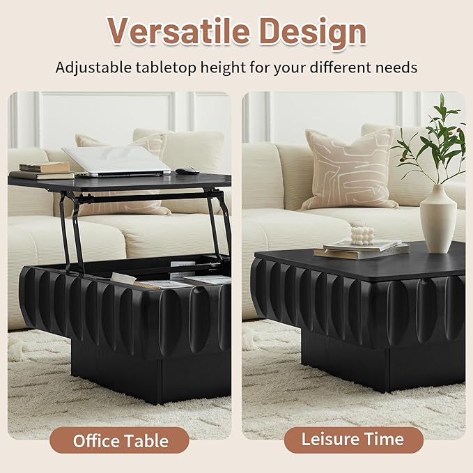 31" Lift Top Coffee Table for Living Room, Fluted Coffee Table with Hidden Storage Compartment, Mid Century Modern Solid Wood Veneer Square Center Table for Office Apartment Small Space, Black