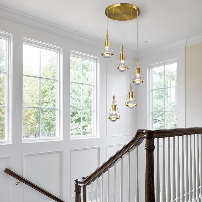 Gold Dandelion Pendant Light in Brushed Brass Finish, 5-Light Modern Crystal Kitchen Island Pendant Lighting Dimmable LED Hanging Ceiling Light Fixture for Bathroom Bedroom