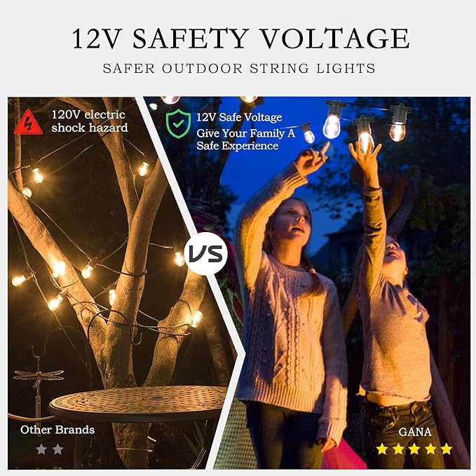 GANA 12V Low Voltage & Safe LED Outdoor String Lights,96FT 30 Shatterproof Bulbs, 2200K Warm White Pergola Lights for Your House's, Garden, Fence, Porch,Balcony,and Bistro