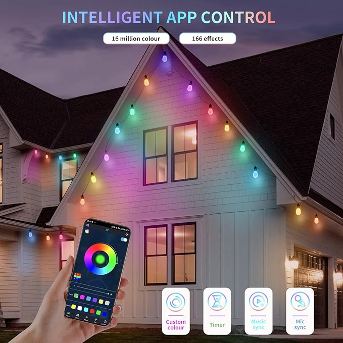 Outdoor String Lights 100FT (2×50FT), Patio Lights with 40 Dimmable RGBW LED Bulbs, IP66 Waterproof & Shatterproof, APP & Remote Control, 24V Adapter, Color Changing Lights for Backyard Decor
