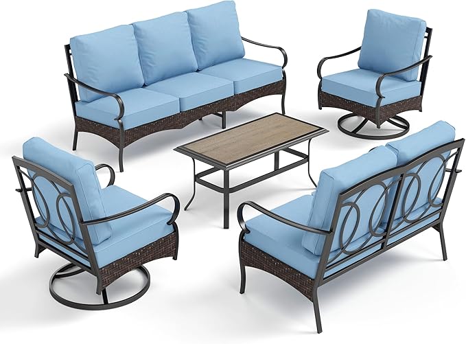 PHI VILLA Outdoor Modern Patio Furniture Set, Upgraded Wicker&Metal Patio Furniture Conversation Set with Waterproof Thick Cushions for Porch, Poolside, Deck, and Yard (5 Pieces,Blue)