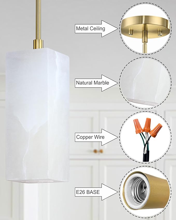 1 Light Modern Industrial Farmhouse Hanging Kitchen Island Pendant Ceiling Light Fixture,Square Cylinder Natural Alabaster Marble Brushed Bronze Finish Over Sink Restaurant bar Corridor