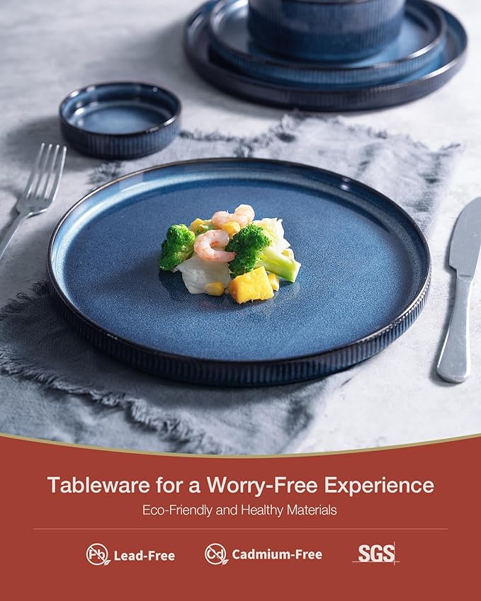 Famiware Star Dinnerware Sets, Plates and Bowls Set for 4, 12 Pieces Ribbed Dishes - Chip and Scratch Resistant, Microwave and Dishwasher Safe Tableware, Nebulas Blue