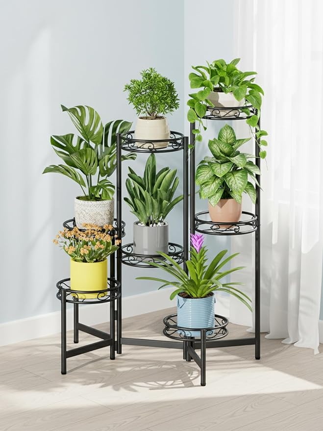 Plant Stand Indoor Outdoor, 6 Tier Metal Flower Shelf for Multiple Plants Corner Tall Floding Flower Holders for Patio Garden Living Room Balcony Bedroom - BlackCircle