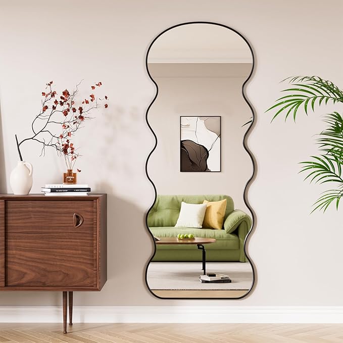 WTTY 71x28 Wavy Full Length Mirror with Stand for Bedroom, Living Room, Cloakroom, Shatterproof, Aluminum Frame