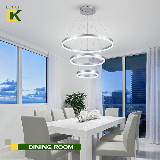 3-Rings D23.6 Modern LED Chandelier Silver Dimmable Pendant Lighting with Remote Control Circular Flush Mount High Ceiling Light for Dining Room Living Room Bedroom Entrance Foyer, 3000K-6500K