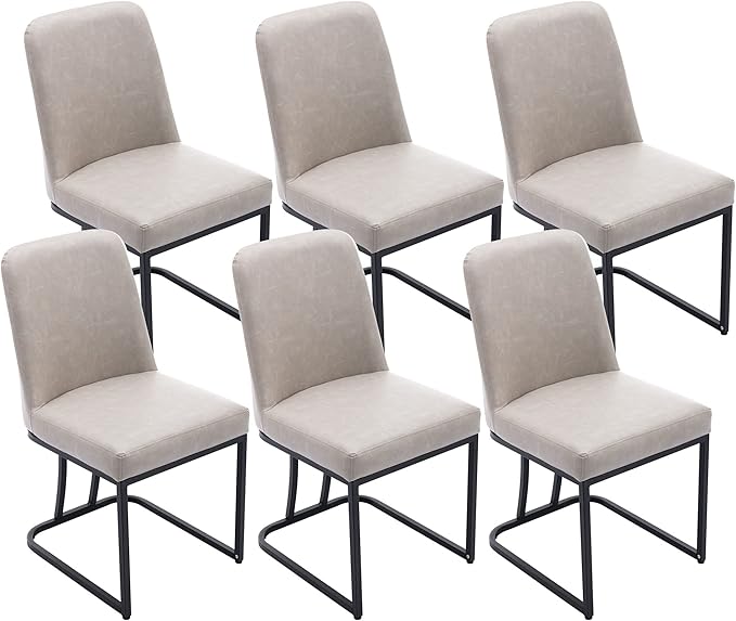 VESCASA Faux Leather Upholstered Dining Chairs with Back, Mid Century Modern Chairs with Black Metal Frame for Dining Room, Restaurant, Kitchen, Set of 6, Pebble Grey