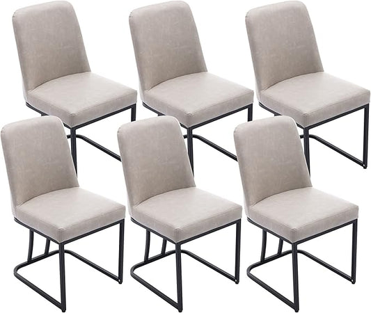 VESCASA Faux Leather Upholstered Dining Chairs with Back, Mid Century Modern Chairs with Black Metal Frame for Dining Room, Restaurant, Kitchen, Set of 6, Pebble Grey