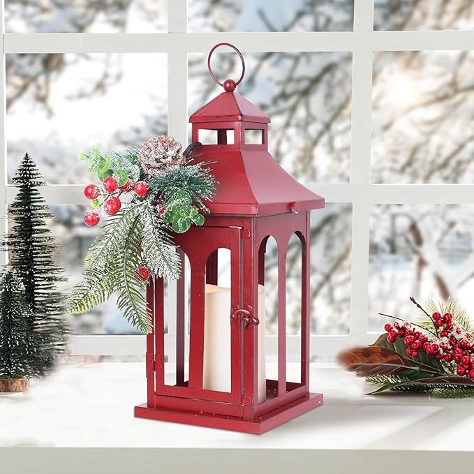DECORKEY Christmas Decorations for Home, Decorative Christmas Lantern Indoor Outdoor Decor, Metal Hanging Candle Holder with Xmas Teardrop Wreath and LED Candle for Table Centerpieces, Patio (Red)