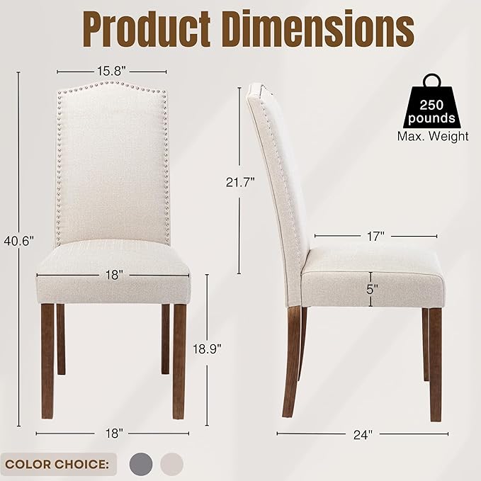 Stylish Upholstered Parsons Dining Chair Kitchen with Silver Nailhead Trim and Sturdy Solid Wood Legs