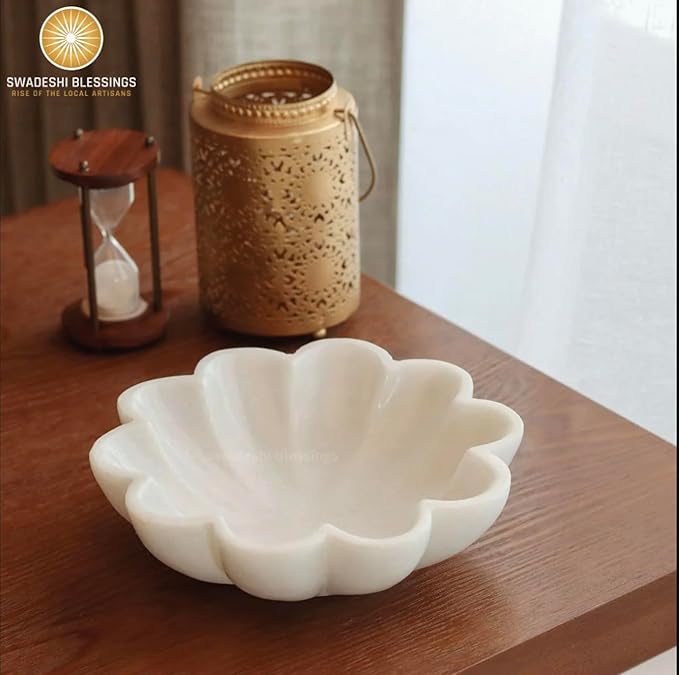 SWADESHI BLESSINGS HandCrafted Marble Decorative Bowl | White Ruffle Scalloped Fluted Key/Fruit Ring Dish | Organic Modern Home Decor (7 Inches)