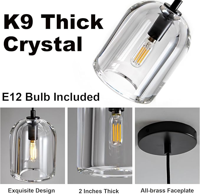Black Pendant Light Fixtures, Crystal Modern Pendant Lights, Indoor Pendant Light for Kitchen Island Dining Room Living Room Bedroom Bathroom, E12 Bulb Included