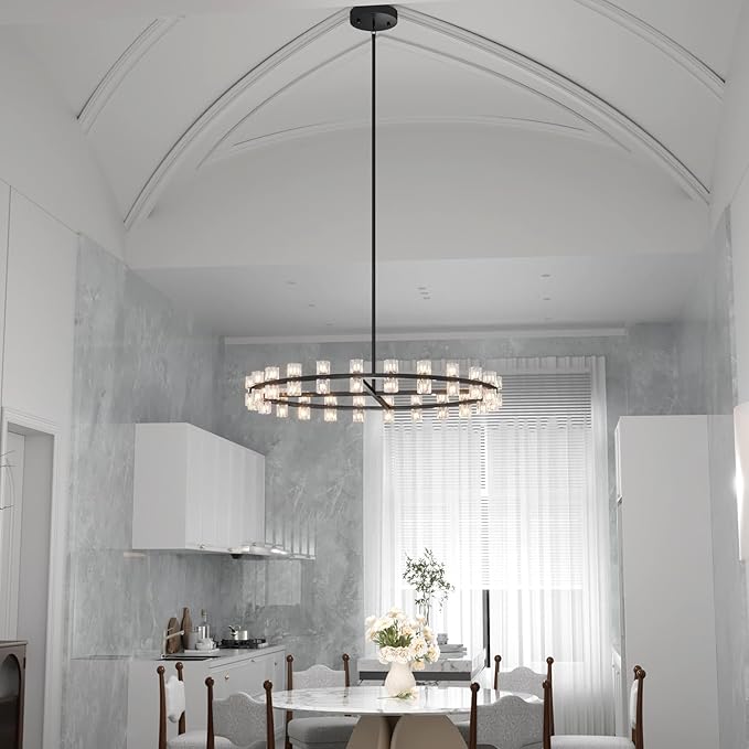 D48'' Large Black Wagon Wheel Chandeliers Black Round Chandelier Glass Chandeliers for Dining Room,Living Room Vintage Chandelier