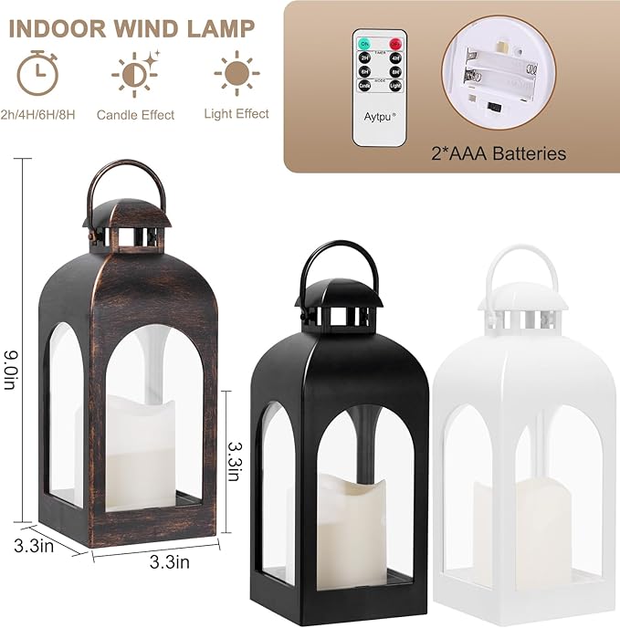 Decor Modern Farmhouse Lantern Decor Set of 4, Black Metal Small Candle Lanterns, Wooden Lanterns Decorative w/Timer & Remote-Controlled Flickering Candles for Home, Indoor, Table (White)